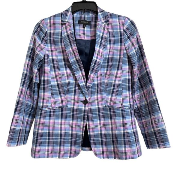 TALBOTS LINEN COTTON PURPLE BLUE PLAID LONG SLEEVE‎ SINGLE BUTTON BLAZER 6 - Picture 1 of 10